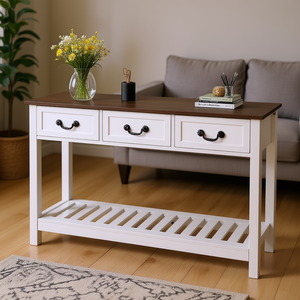 <b>Console</b> <b>Table</b> Farmhouse Style Rectangle Wooden Narrow White 3 Drawers Shelf <b>Storage</b> Entrance Living Room Bedroom Furniture - Product Image 2