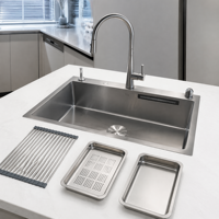 Évier de cuisine à cuve unique en acier inoxydable SUS304 noir mat de style coréen, fait main, avec panier et support enroulable en option