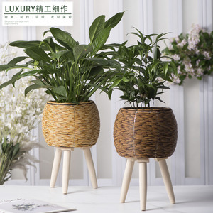 Rattan Woven Flower <b>Pot</b> Round Freestanding Desktop Plant <b>Stand</b> Large Size Decorative Storage Container - Product Image 1