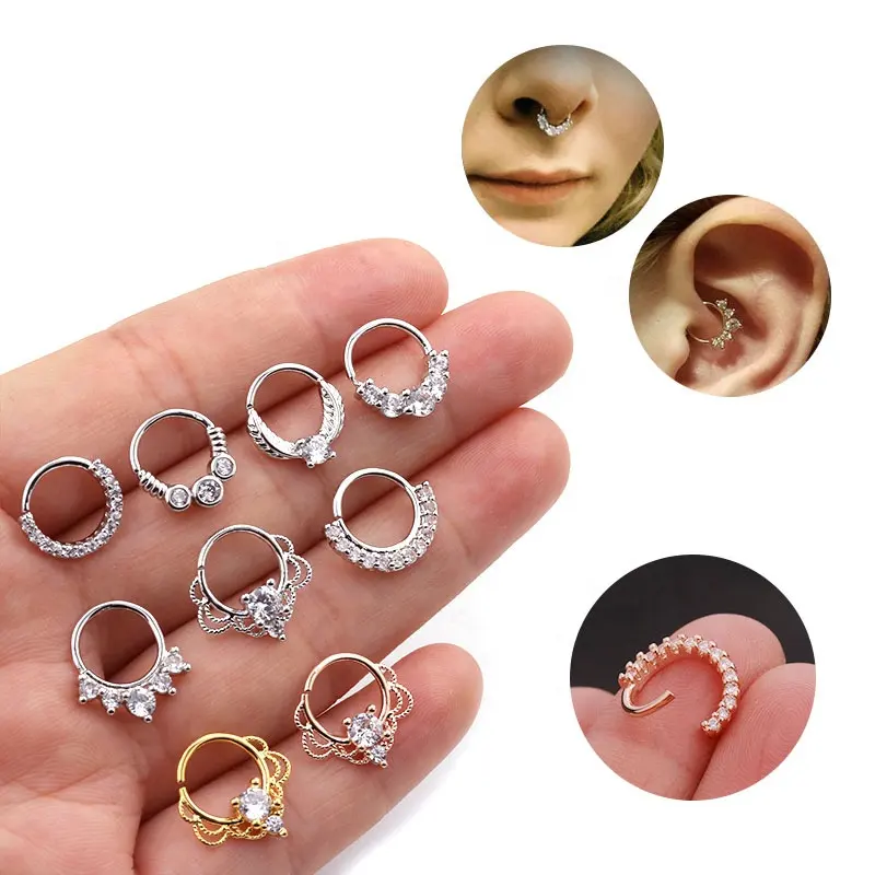 Piercing de corpo cirúrgico, prata e ouro, piercing de joia de aço, septo, orelha, cartilagem de orelha, anel fantasia nariz com zircônia