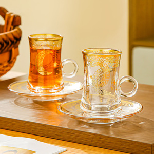 Gold Plated Glass <b>Tea</b> <b>Cup</b> <b>Set</b> With Saucers Cylinder Shape For Afternoon <b>Tea</b> Quanzhou Origin - Product Image 4