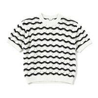 Pull tricoté à manches courtes pour homme, à rayures ondulées et ajouré, col rond, respirant, style preppy, en maille de soie glacée, polyester et coton