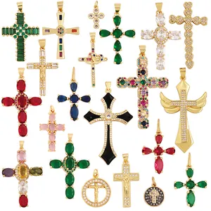 Cross Religious Style Charm Pendant,18K Gold Plated Inlaid Colorful Cubic Zirconia Jewelry Necklace Bracelet Accessories Supply