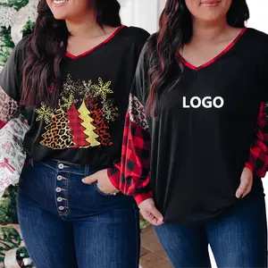 Custom Logo Plus Size Women Tops 4Xl 5Xl 2Xl 3Xl Christmas Plaid Black Sequined Leopard Plus Size Tops