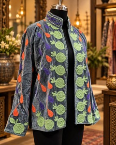 Grey <b>Velvet</b> Suzani Embroidered <b>Jacket</b> for <b>Women</b> Luxury Floral Threadwork Ethnic Winter Outerwear Designer Party Fashion <b>Jacket</b> - Product Image 4