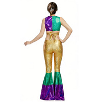Ensemble de tenue de cosplay Mardi Gras avec pantalon évasé métallisé brillant et crop top 100 % polyester pour femmes adultes, idéal pour la scène et la danse