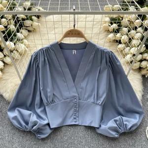 Camisas elegantes francesas para mujer, blusa <span class=keywords><strong>con</strong></span> pliegues de manga larga <span class=keywords><strong>con</strong></span> cuello en abullonada V, <span class=keywords><strong>blusas</strong></span> versátiles de verano para mujer - Product Image 5