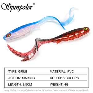 Leurre de pêche souple Spinpoler Long Wavy Tail 9,5 cm, type Grub bicolore, Swimbait, ver souple, yeux 3D, corps côtelé, pour achigan, truite, eau de mer - Product Image 2