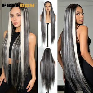 Perruques synthétiques à dentelle frontale FREEDOM pour femmes, modèle L-STRAIGHT, 38 pouces de long, lisses, pour cosplay brun, blond, rose, rouge, blanc - Product Image 2