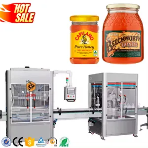 Máquina automática de enchimento e rotulagem de frascos de vidro para pasta de mel com 4 bicos, máquina de embalagem e engarrafamento de líquidos para mel