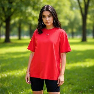 Nike Sportswear Essential Boyfriend T-shirt pour femme rouge et blanc col rond manches courtes coupe ample vêtements de sport toutes saisons - Product Image 2
