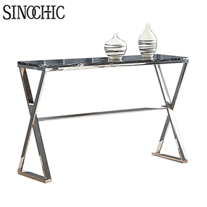 Bàn điều khiển kính cường lực dài chân kim loại mạ crôm, bàn hành lang mỏng được nhân đôi - Product Image 4