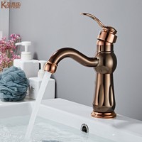 Keran Wastafel Kamar Mandi Model Eropa Satu Lubang, Satu Gagang, Air Panas dan Dingin, Warna Rose Gold, Inti Keramik