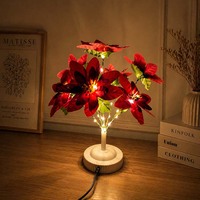 Lampe de table à fleurs artificielles, lampe de nuit LED à fleurs rouges avec lampe pour cadeau féminin, décoration de salon, décoration de bureau