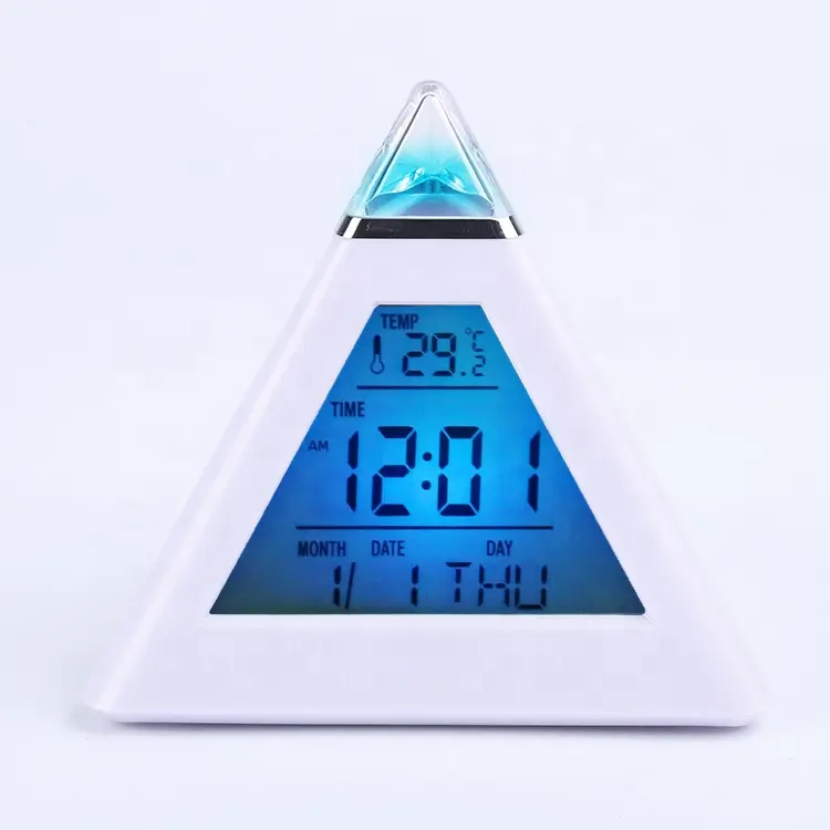 KH-CL019 Multifunction Desktop Triangle Pyramid Shape 7 LED Colors Changing Digital Desk Table Alarm Clock