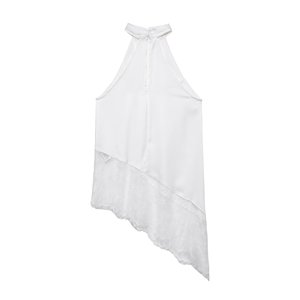 Zevity 2026 ZA Marka Kadın Seksi Kolsuz Saten Halter Smock Bluz Kadın Etek Dantel Dikiş Düzensiz Gömlek Blusas Chic Tops - Product Image 6