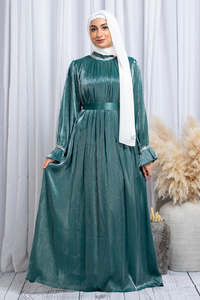 Vestido Abaya Maxi con Cinturón y Mangas Plisadas Brillantes para Mujer, Ropa Musulmana Islámica Elegante, Marca LE DUO - Product Image 2