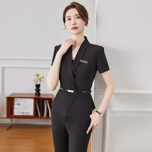 Women's Beige Short Sleeve Blazer Skirt Set Elegant Summer Suit Anti-Wrinkle Worsted Fabric - Product Image 2