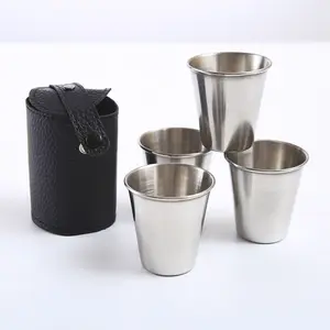 Stackable Outdoor 4pcs Water Cup with Black Leather Case 304 Stainless Steel Mug Set 30ml 70ml 160ml for Picnic