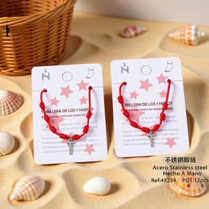 Tobillera de acero inoxidable con siete nudos y colgante de cruz con cuerda roja para mujer, joyería de moda. - Product Image 3