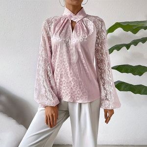 Thời trang thanh lịch dài tay áo Áo sơ mi áo sơ mi áo y blusas Para mujer satin Jacquard lãng mạn ren cổ áo phụ nữ áo thun Tops - Product Image 4