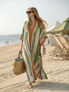 Vestido Maxi Boho con Cuello en V, Rayas, Corte Holgado, Manga Corta, Transpirable, Tejido, Casual de Verano con Decoración de Borlas - Product Image 1