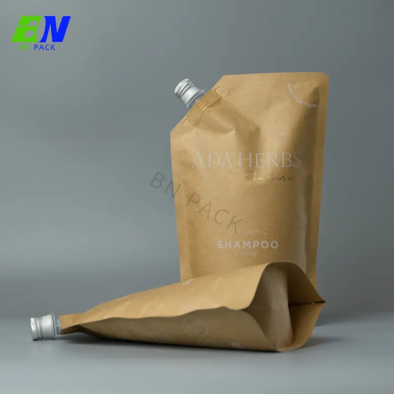 Custom printed ECO friendly biodegradable foil stand waterproof liquid kraft paper bags spout pouch