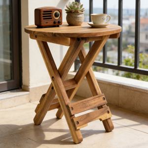 Small Outdoor Wooden <strong>Folding</strong> Edge <strong>Table</strong> <strong>Coffee</strong> <strong>Table</strong> Round Brown Retro Style Suitable for <strong>Out</strong> of Court Use - Product Image 4