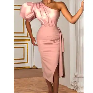 Summer Pink Midi One Shoulder Wedding Ruffles Sexy Women Evening Dress