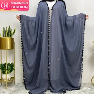 1653 # Chiffon frisado abaya aberto com renda preta incomodar e pérolas brancas bat manga árabe kaftan cardigan