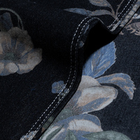 Tissu denim écologique à imprimé floral, résistant à la décoloration, encre réactive, base indigo, veste et chemise pour femmes et filles, OEM personnalisé, MOQ 300M