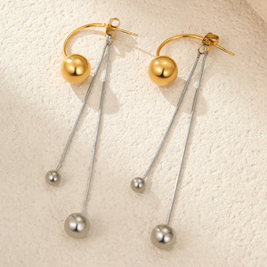 Orecchini da donna di alta gamma, di nicchia, transfrontalieri, con nappe a sfera in metallo color block, in acciaio inossidabile placcato oro 18K - Product Image 4