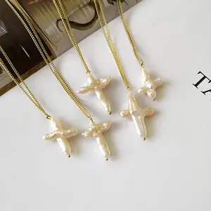 HOVANCI 3European Vintage Gold Plated Chain Baroque Freshwater Pearl Necklace Personalized Irregular Pearl Cross Necklaces