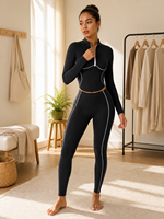Veste de sport pour femme OEM HUCAI, taille plus, col montant, fermeture éclair intégrale, coutures contrastées blanches, fitness, gym, course à pied, yoga