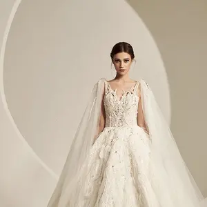 Jiameng New Design Morden Ball Gown Lace Shoulder Floor Length Wedding Bridal Dresses