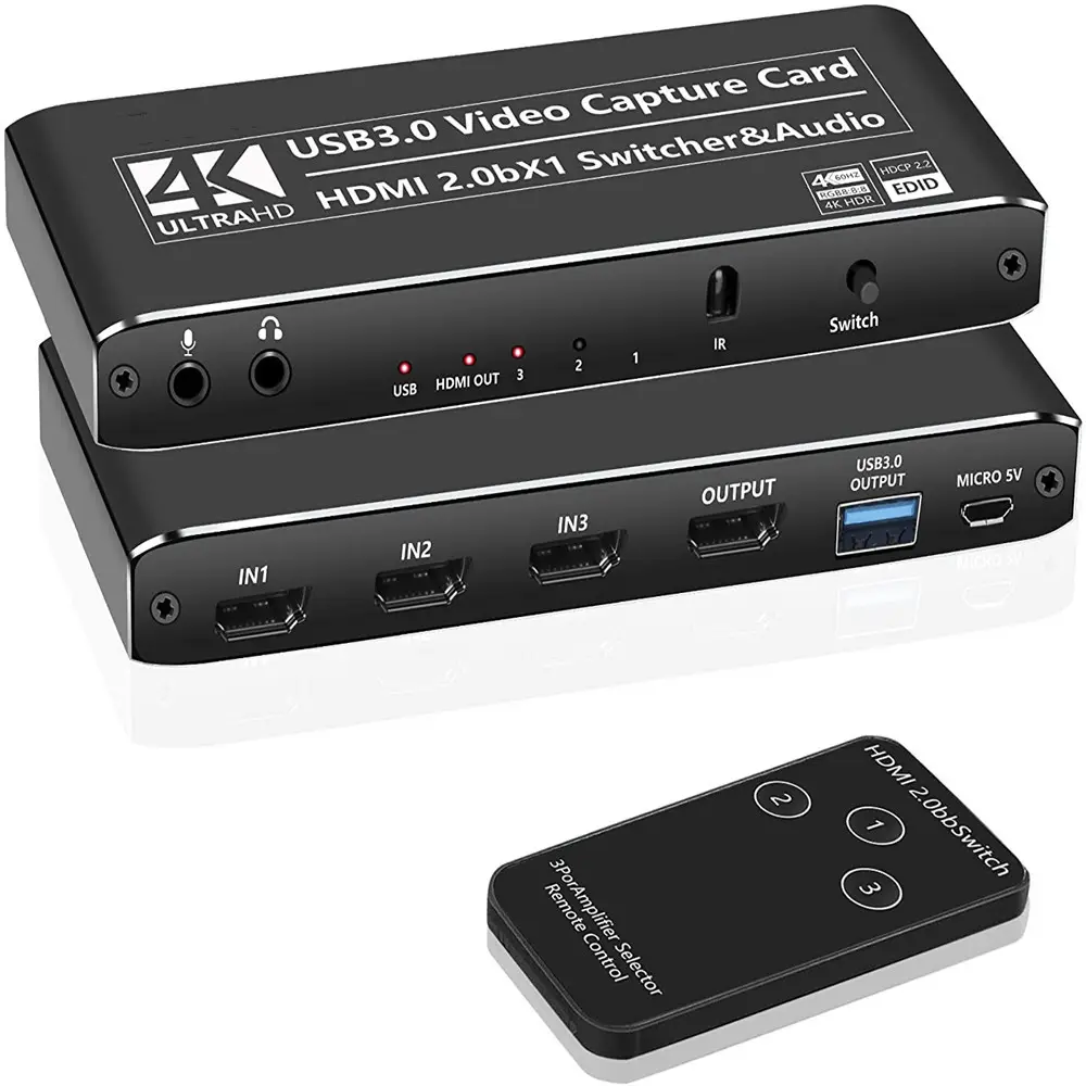 USB 3.0 Video Capture Card Record 3x1 HDMI Switch Switcher 4K Audio Game Live Streaming Broadcast Mic in TV Loop Out