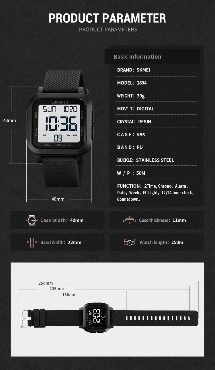 Skmei 1894 wholesale guangzhou men digital watch original PU leather band water proof Multi function character sports watch
