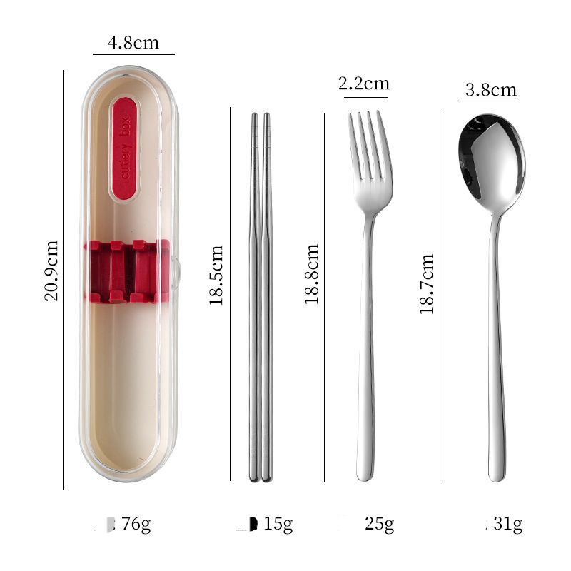 Ensemble trois pièces [Boucle rouge] : cuillère, fourchette et baguettes.