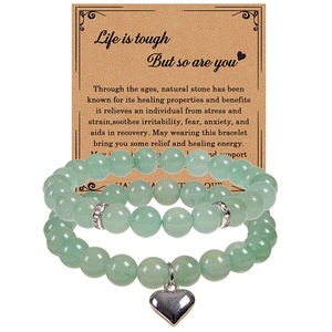 2 Pcs/Set 8mm Natural Rose Quartz Aventurine Round Stone Beaded Lucky Bracelet Set With Silver Puffy Heart Charm - Product Image 2