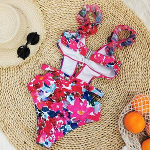 Maillot de bain une pièce Rose rouge fleuri avec bretelles ras-du-cou et jupe, tenue de plage dos nu, nouvelle collection <span class=keywords><strong>2022</strong></span> - Product Image 4