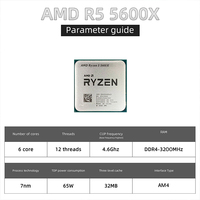NUEVO CPU AMD Ryzen 5 5600X 3.7 GHz Seis Núcleos Doce Hilos 65W Procesador L3=32M 100-000000065 Socket Otros Sin Ventilador Escritorio