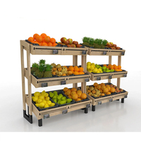 Zwaarbelastbaar dubbelzijdig metalen houten op maat gemaakt 3-laags supermarkt rek met wielen voor fruit en groenten