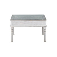 Table basse en bois massif sculptée à la main - Plateau en verre, finition blanchie - Table à thé shabby chic avec motifs floraux Jali - Style antique indien