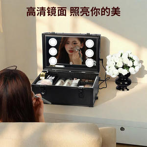 Maleta de maquillaje profesional con espejo LED iluminado, negra, de gran capacidad, para uso doméstico, accesorios de maquillaje permanente. - Product Image 3