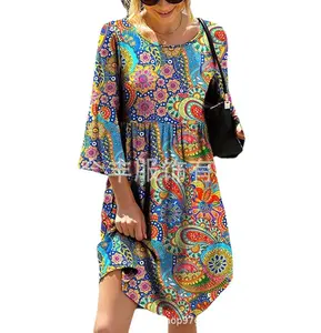 New models of hot sale in Europe and the United States women's sexy printed large swing waist African loose dresses