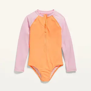 OEM Private Label 1 Piece Swim Rashvest Surfing Swimming Top Ruffle Leg Kids Swimsuit Kids Girls Rash Guard Long Sleeves Zip