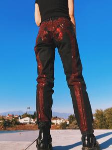 Custom High Waisted Skeleton <strong>Red</strong> Rhinestone Reconstructed <strong>Jeans</strong> <strong>Womens</strong> Black Denim Mom <strong>Jeans</strong> - Product Image 4