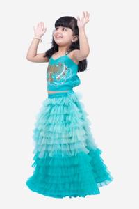 Top Elaisha sin mangas con bordado y malla, con lehenga de malla - Azul - Product Image 4