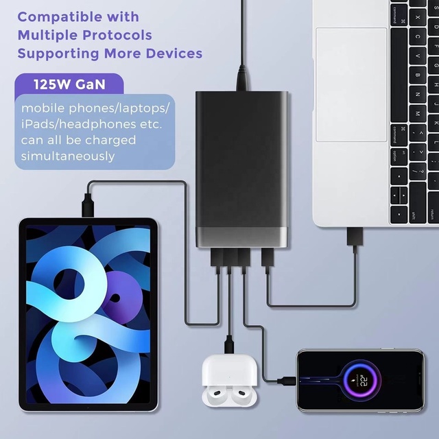 High Efficiency GaN Charger 125W Aluminum Shell PD 65W USB Type C Super Fast Charge Power Charging Station for Phones Laptops