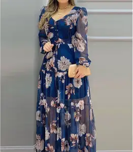 Maxi elbise baskılı elbise özel kadın mavi baskılı uzun kollu Fit ve Flare çiçek doğal dokuma Polyester şifon tatlı
